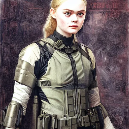 Prompt: a vintage portrait painting of elle fanning wearing swat gear in metal gear solid and death stranding, highly detailed, art by tristan eaton and artgerm and william - adolphe bouguereau