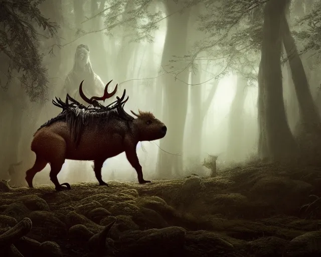 Image similar to 5 5 mm portrait photo of an armored demonic capybara with antlers, in a magical forest. dark atmosphere. art by greg rutkowski. highly detailed 8 k. intricate. lifelike. soft light. nikon d 8 5 0.