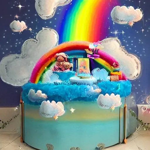 Image similar to a whimsical magical kingdom made up of clouds and rainbows, covered in shining stars