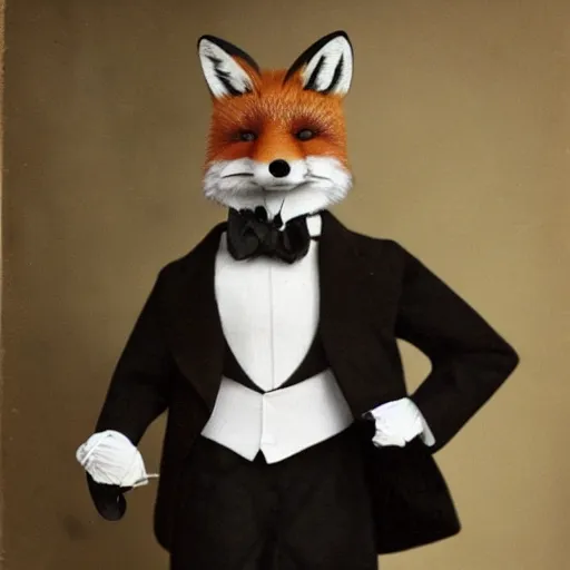 Prompt: male fox wearing tuxedo, victorian era