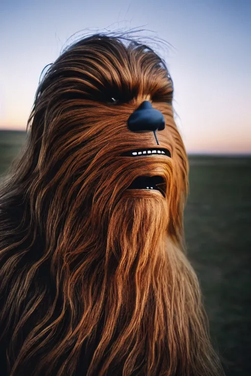 Image similar to photographic portrait of chewbacca with a comb-over blowing in the wind, trying to disguise his balding head, cinematic photography, 35mm, evening light