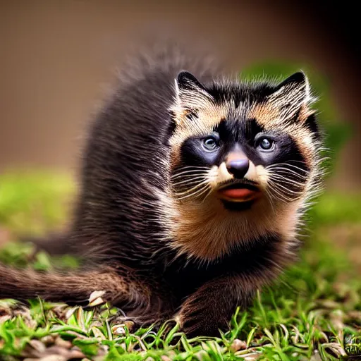 Prompt: a feline honeybadger - cat - hybrid with a beak, animal photography, wildlife photo, award winning