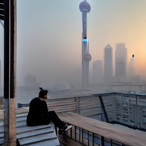 Image similar to a small rooftop with a couple of people sitting and watching the view, wearing black modern clothes, messy hair, modern shanghai bund in smog is on the background, sunset, pale colors, by gregory crewdson