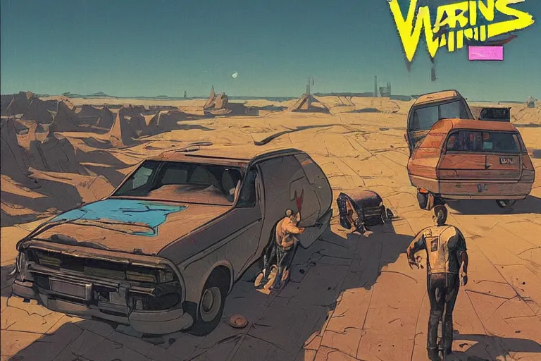 Prompt: a van has crashed and rolled over in the badlands. it's shipment has spilled out. art in the style of vincent di fate's cyberpunk 2 0 2 0.