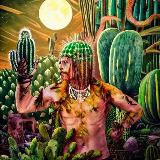 Prompt: spartan in jungle surrounded by cacti, shaman offering peyote, camp fire, full moon with stars, psychedelic surrealism in hyper realistic photo