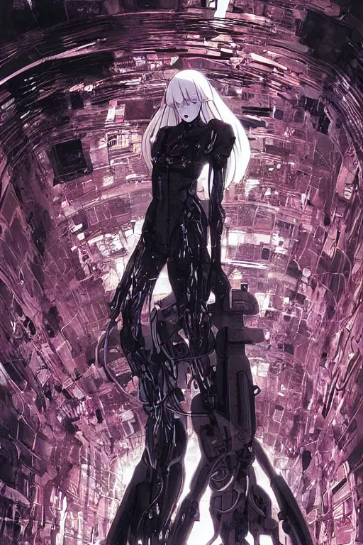 Image similar to beautiful coherent award-winning manga OVA DVD cover art of a mysterious lonely cyborg anime woman wearing a plugsuit and traversing an endless concrete hallway, anime, animated, painted by tsutomu nihei