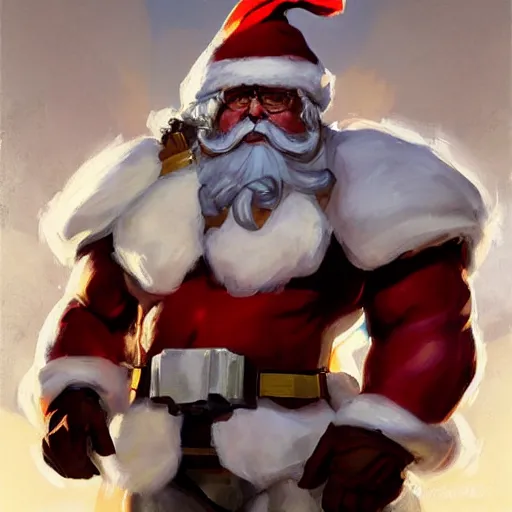 Image similar to greg manchess portrait painting of fully armored santa claus as overwatch character, medium shot, asymmetrical, profile picture, organic painting, sunny day, matte painting, bold shapes, hard edges, street art, trending on artstation, by huang guangjian and gil elvgren and sachin teng