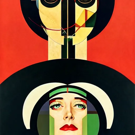 Prompt: Art by Coles Phillips, Portrait of the actress, Eva Green as Space Commander Alpha from the Year 4000, geometric art, poster, no text, Mucha, Kandinsky, carbon blac and antique gold