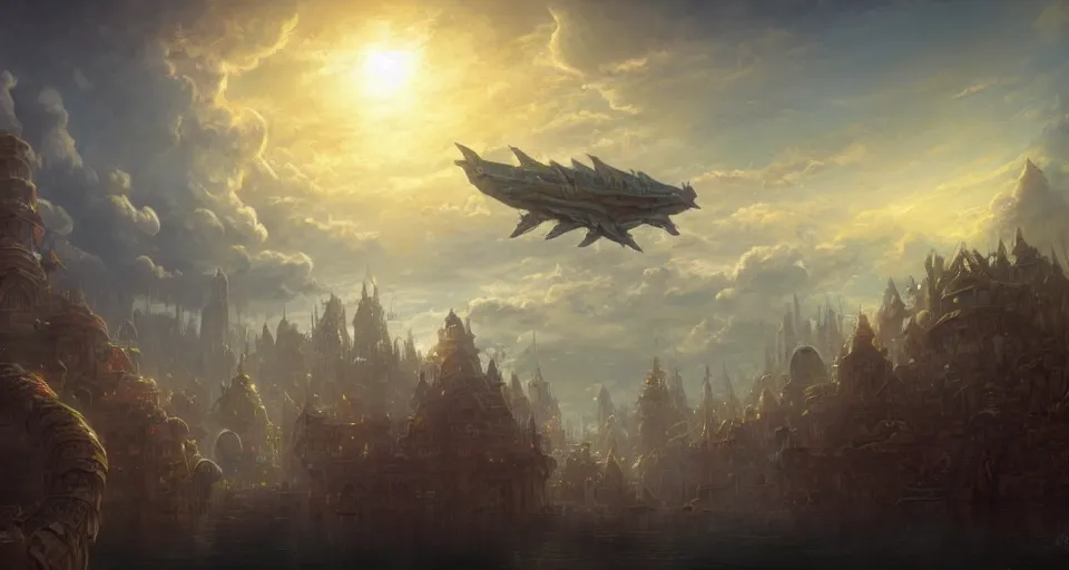 Image similar to landscape an ancient floating fantasy city in the sky and an singular fantasy airship flying towards it andreas rocha