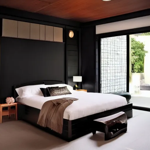 Image similar to bedroom, stone, interior design, stylish luxury hotel bedroom design, yakisugi, black vertical slatted timber, textures, feminine, black walls, art, Japanese pottery vase with flowers, Japanese influences