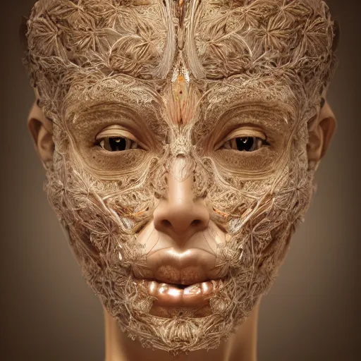 Prompt: beatifull face portrait of a woman, 150 mm, anatomical, flesh, flowers, mandelbrot fractal, facial muscles, veins, arteries, intricate, golden ratio, full frame, microscopic, elegant, highly detailed, ornate, ornament, sculpture, elegant , luxury, beautifully lit, ray trace, unreal, 3d, PBR, in the style of peter Gric and Romero Ressendi