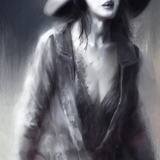 Prompt: portrait of a woman with a long duster, almost grey hair and a cowboy hat, harsh good looking face, drawn by Ruan Jia, fantasy art, dramatic lighting, digital art,highly detailed