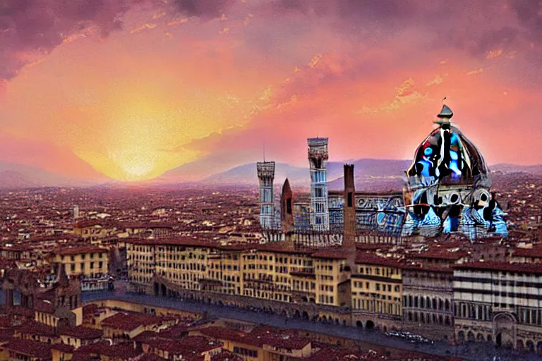 Prompt: florence santa maria del fiore at sunset by artgerm, greg rutkowski, trending on artsation, iamag digital painting, highly detailed, overdetailed, colorful