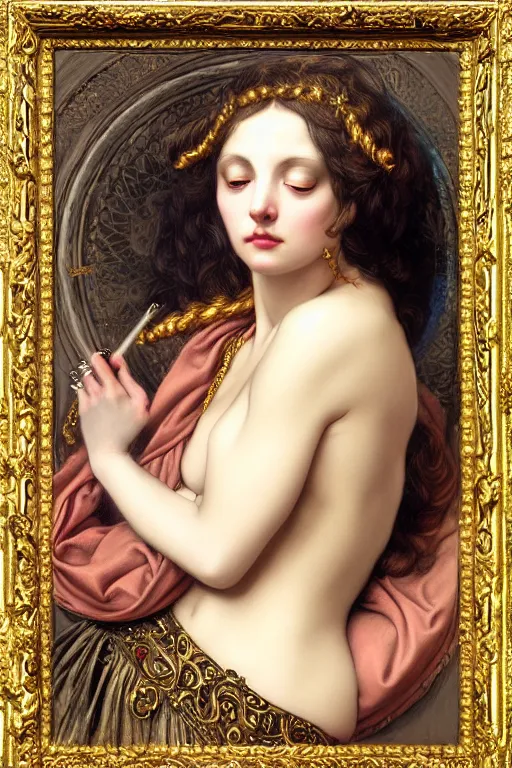 Prompt: hyper realistic painting portrait of the goddess of sleep, occult diagram, elaborate details, rococo, baroque, gothic, intrincate ornaments, gold decoration, caligraphy, occult art, illuminated manuscript, oil painting, art noveau, in the style of roberto ferri, gustav moreau, waterhouse