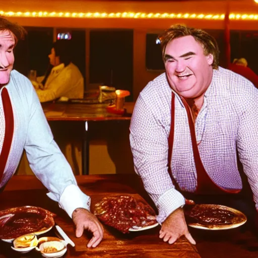 Image similar to robin williams and john candy wearing bbq sauce - stained clothing, wandering through the diner labyrinth, bbq sauce flashlights, global illumination, gold dappled light, style of timesplitters