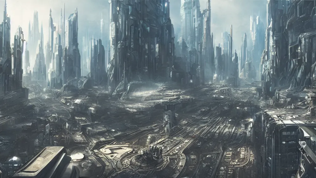 Image similar to a vast alien city, bustling and alive, futuristic, biological, cyberpunk, sinister, lightening and smog, dust, ultra realistic, hyper detailed, concept art, cinematic, wide lens,