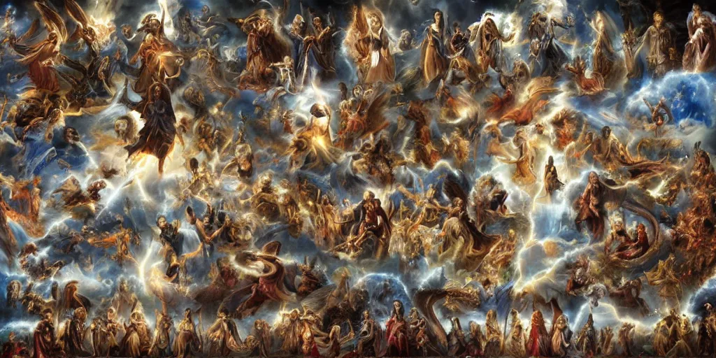 Prompt: the celestial cohort in all its glory, the angels, archangels, cherubims, thrones, dominions, seraphims, holy lighting, epic clouds, heaven, amazing,