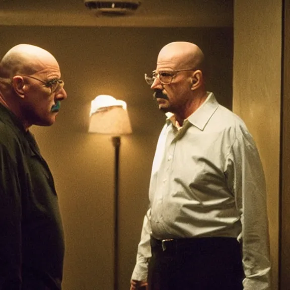 Prompt: Still of Walter White in The Sopranos at the Bada Bing talking with Tony Soprano, dark lighting