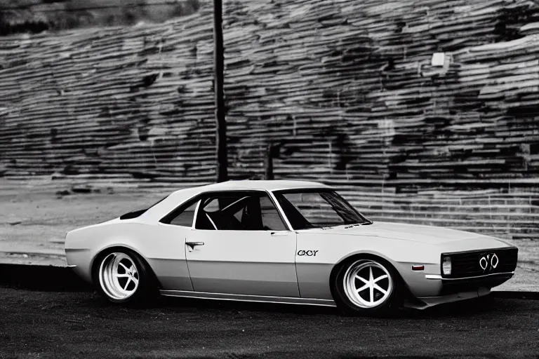 Prompt: audi camaro b 1 ( 1 9 6 9 ) drifting, phonk music background, smoke behind wheels, noise, dark, establishing shot