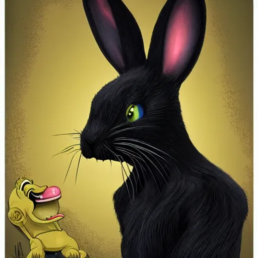 Image similar to A extremely highly detailed majestic hi-res beautiful, highly detailed head and shoulders portrait of a scary terrifying, horrifying, creepy black cartoon rabbit with scary big eyes, earing a shirt laughing, hey buddy, let's be friends, in the art style of Walt Disney