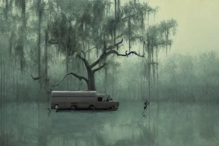 Image similar to scene from louisiana swamps, trailer in the woods, old couch, broken tv, parachute in a tree, voodoo artwork by tim eitel