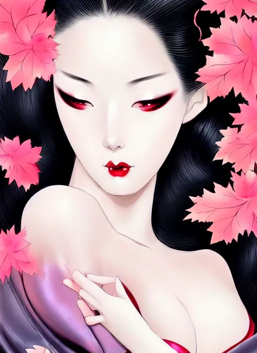 Prompt: glamorous and sexy Geisha, beautiful pale makeup, pearlescent skin, seductive eyes and face, elegant Japanese woman, lascivious pose, very detailed face, seductive, sexy push up bras, pale and coloured kimono, soft and diffuse autumn lights, photorealism, official fanart behance hd artstation by Jesper Ejsing, trending on instagram, by RHADS, Makoto Shinkai and Lois van baarle, ilya kuvshinov, rossdraws