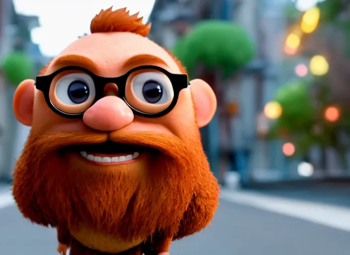 Prompt: bearded ginger man with glasses as nendoroid walking on a street in the croods movie style, anime, disney, pixar, 8 k, hd, dof, kodak film, volumetric lighting, subsurface scattering, photorealistic, octane render, details