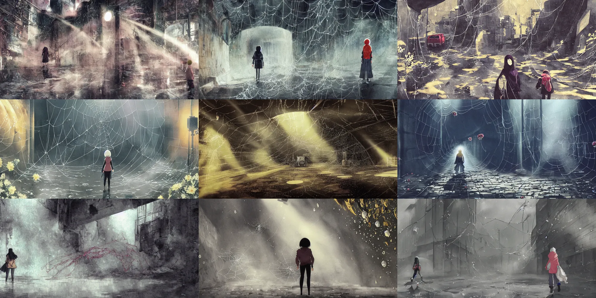 Prompt: anime movie scene, mamoru oshii, otomo, ultra wide, vanishing point, hoody woman explorer, watercolor, spiderwebs, flowers, dripping, black circle, sewer exit, train tunnel, waterfall, sun beam, dusty volumetric light, back lit, paper texture, puddles, brutalist, golden ratio