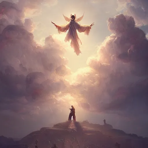 Image similar to the son of god is coming In the clouds with his angels , artstation, Greg rutkowski, cinematic, digital Art