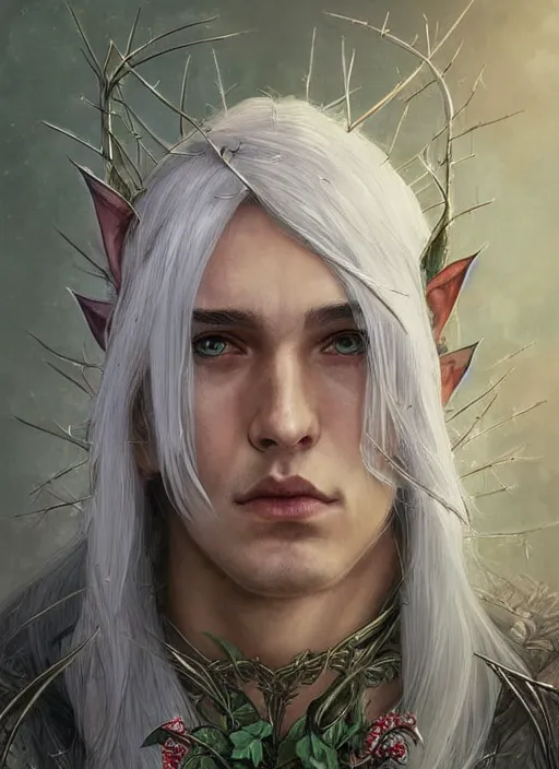 Image similar to portrait of a male elf with silver hair surrounded by thorns, male elf, thorns, d & d, face, fantasy, intricate, elegant, highly detailed, digital painting, artstation, concept art, smooth, sharp focus, illustration, art by artgerm and greg rutkowski and alphonse mucha