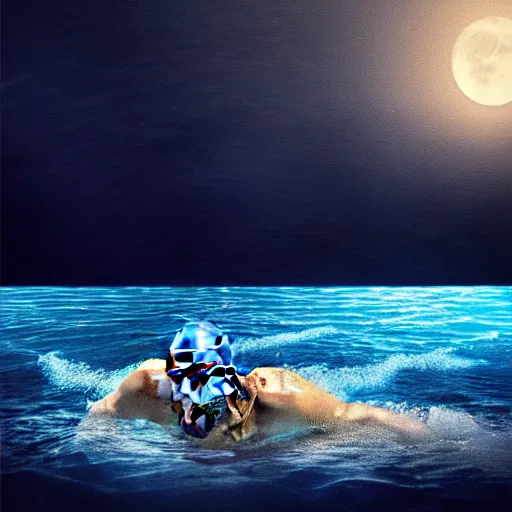 Image similar to michael phelps swimming in the pacific ocean, closeup, portrait, moonlit, dark, ominous, illustration, volumetric light, highly detailed