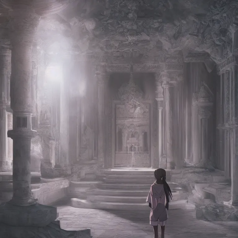 Image similar to photorealistic anime character inside a marble temple, film photo, soft lighting album cover, nostalgia, gradient, light reflection