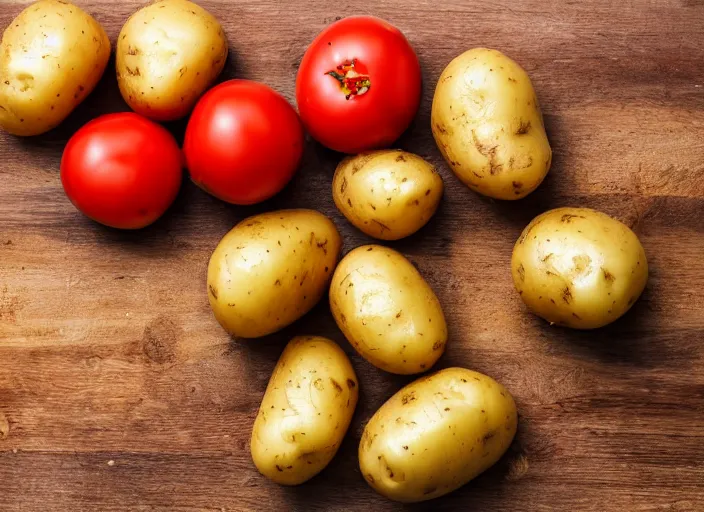 Prompt: cut potatoes and tomatoes, on a wooden board, sunlight streaming in, cookbook photography