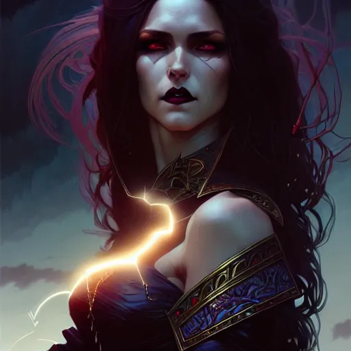 Image similar to An epic fantasy comic book style portrait of a female vampire, stormy setting, movie lightning, intricate, elegant, highly detailed, digital painting, artstation, concept art, matte, sharp focus, illustration, art by Artgerm and Greg Rutkowski and Alphonse Mucha