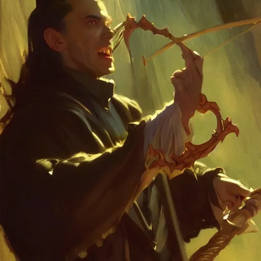 Prompt: vampire wizard casting a spell with an intricate wooden staff, dynamic, rim light, 3 point-lighting, john singer sargent, jc leyendecker, craig mullins, joaquin sorolla, dean cornwell, john barkey trending on artstation, CGSociety