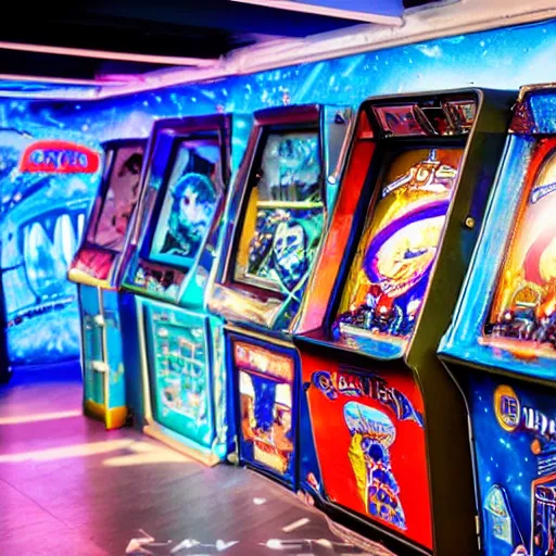 Image similar to A space-themed retro pinball machine in an arcade, photorealistic, studio lighting