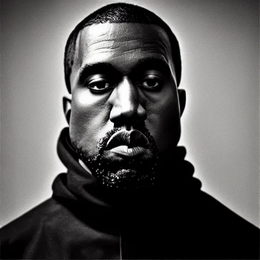 Image similar to a ( ( ( ( ( ( ( ( ( chiaroscuro lighting portrait ) ) ) ) ) ) ) ) ) ) of kanye west ( ( ( ( ( ( dressed as rick owens ) ) ) ) ) ), black background, portrait by julia margaret cameron, shallow depth of field, 8 0 mm, f 1. 8