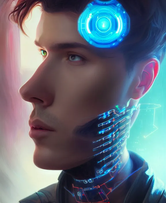 Image similar to a whirlwind inside the metaverse, guy, male, man, hologram, half body, neurochip, android, cyborg, cyberpunk face, by loish, d & d, fantasy, intricate, elegant, highly detailed, colorful, digital painting, artstation, concept art, art by artgerm and greg rutkowski and alphonse mucha