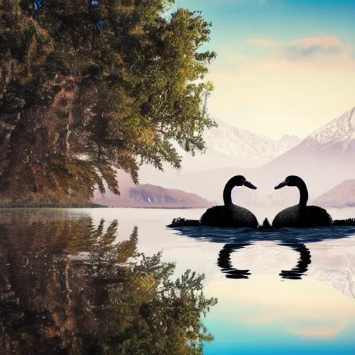 Image similar to photo of two black swans swimming in a beautiful reflective mountain lake, touching heads, forming a heart with their necks, a colorful hot air balloon is flying above the swans, hot air balloon, intricate, 8k highly professionally detailed, HDR, CGsociety