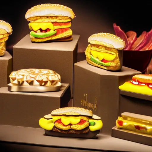 Prompt: cheeseburger gems fine jewelry. 4 k, product lighting, dramatic lighting.