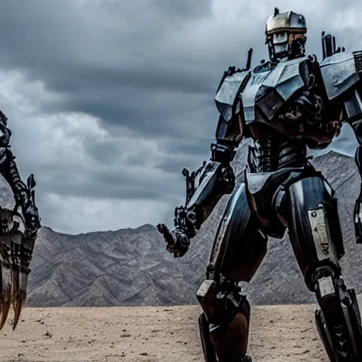 Image similar to cinematic still in westworld and real steel movie and pacific rim movie, one slim full body ornate armored core with sci - fi rifle arms by fujioka kenki and by mamoru nagano,