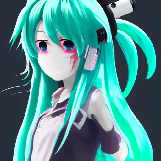 Image similar to hatsune miku smoking weed with a vape pen, smoke coming out of her mouth, bloodshot eyes, artstation, 4 k