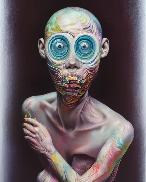 Image similar to strange surrealist, looming, biomorphic painting of a woman with large eyes, full body, pastel colours by james jean, charlie immer and jenny saville, fluid acrylic, airbrush art, timeless disturbing masterpiece