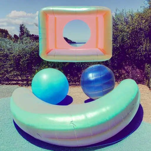 Image similar to a pastel colour high fidelity wide angle Polaroid art photo from a holiday album at a seaside with abstract inflatable parachute furniture, spheres and a sculpture, all objects made of transparent iridescent Perspex and metallic silver, a grid of sun beds iridescence, nostalgic