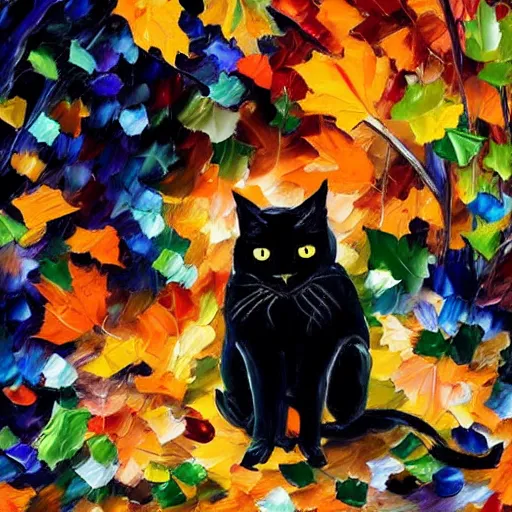 Prompt: black cat sitting on! dream halloween pumpkins in a pile of autumn leaves detailed painting in the style of leonid afremov 4 k