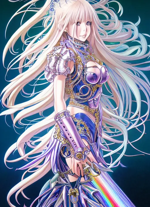 Image similar to highly detailed artstation minaba hideo anime poster of girl mechine, long hair, armor, hajime sorayama, dress, laces, ruffles, 8 k, rainbow gradient bloom, maximalist, takeshi obata, artgerm, alphonse mucha