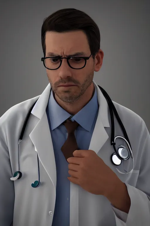 Prompt: a tired male doctor portrait, broken spectacles, stethoscope, baggy eyes, artstation trending, 8k, 4k, 2k, hd, close mid-shot