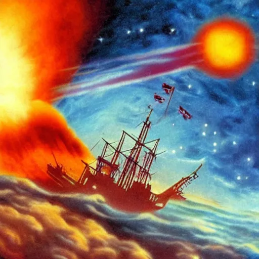 Prompt: nuclear explosion in space with a pirate ship flying away