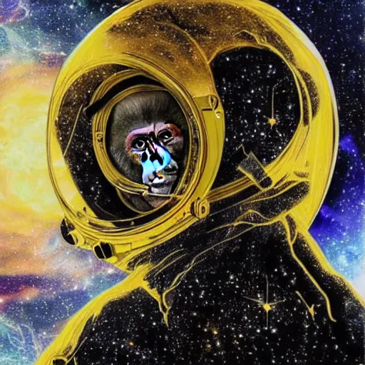 Image similar to double exposure portrait of astronaut and a chimpanzee astronaut with space and time in the the background by davinci, circles, psychedelic, pencil art, high definition, dynamic lighting stars, sharpness, golden ratio