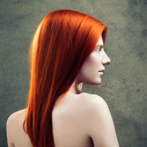 Image similar to very beautiful redhead woman looking back over her shoulder, eye contact, hyper realistic